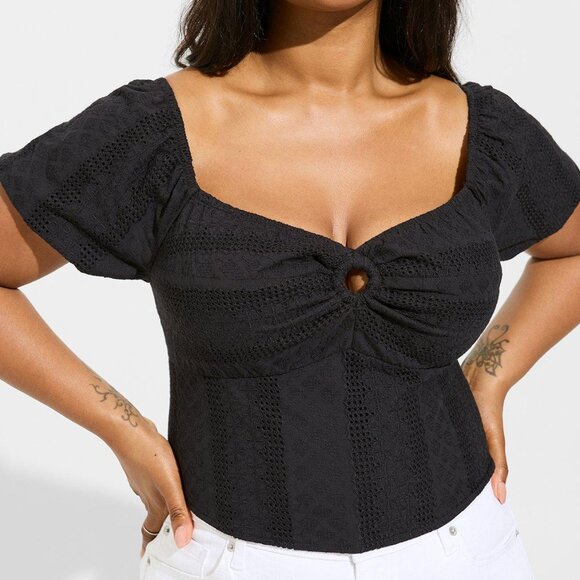 Torrid Tops - Torrid Babydoll Y2K  Top Womens Size 3X Black Eyelet Keyhole Smocked Boho Wench